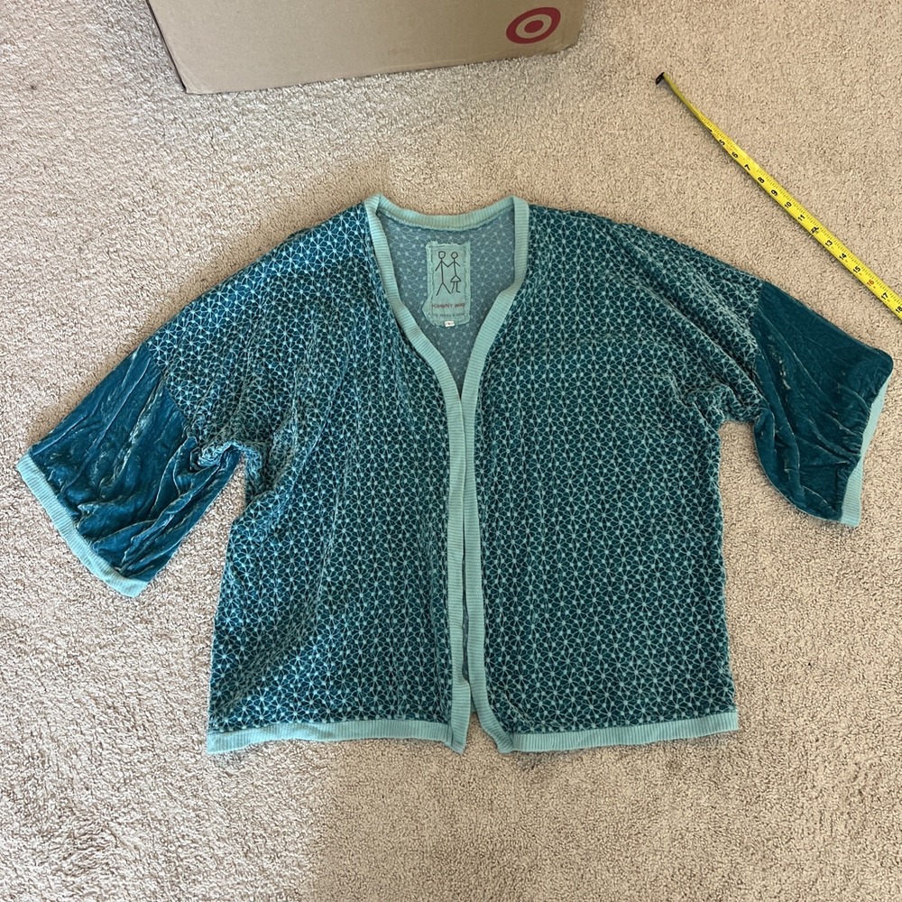 Johnny Was Velvet Embroidered Cardigan‎ Size Large Burnout Turquoise Kimono VTG